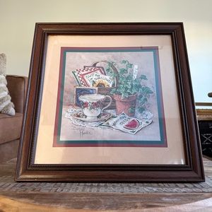 Home Interiors Framed Print Picture Barbara Mock Basket Teacup Ivy Seeds Vtg